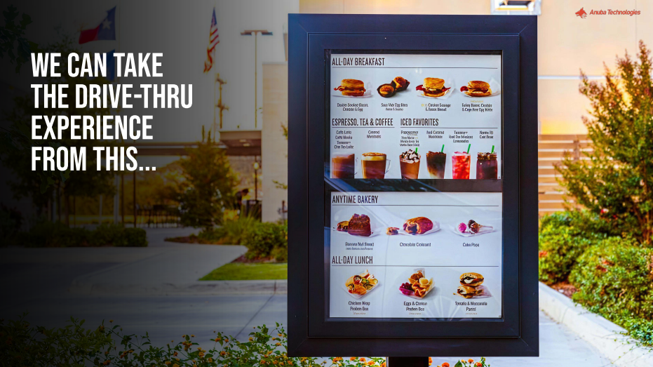 Car at QSR drive-thru ordering from static non-personalized menu board