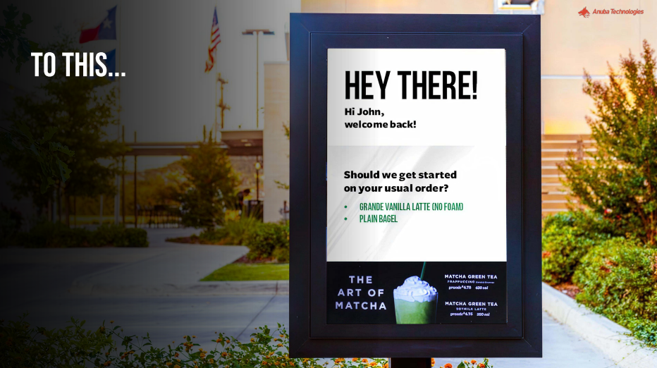 Customer at digital drive-thru menu board viewing personalized order and upsell offers
